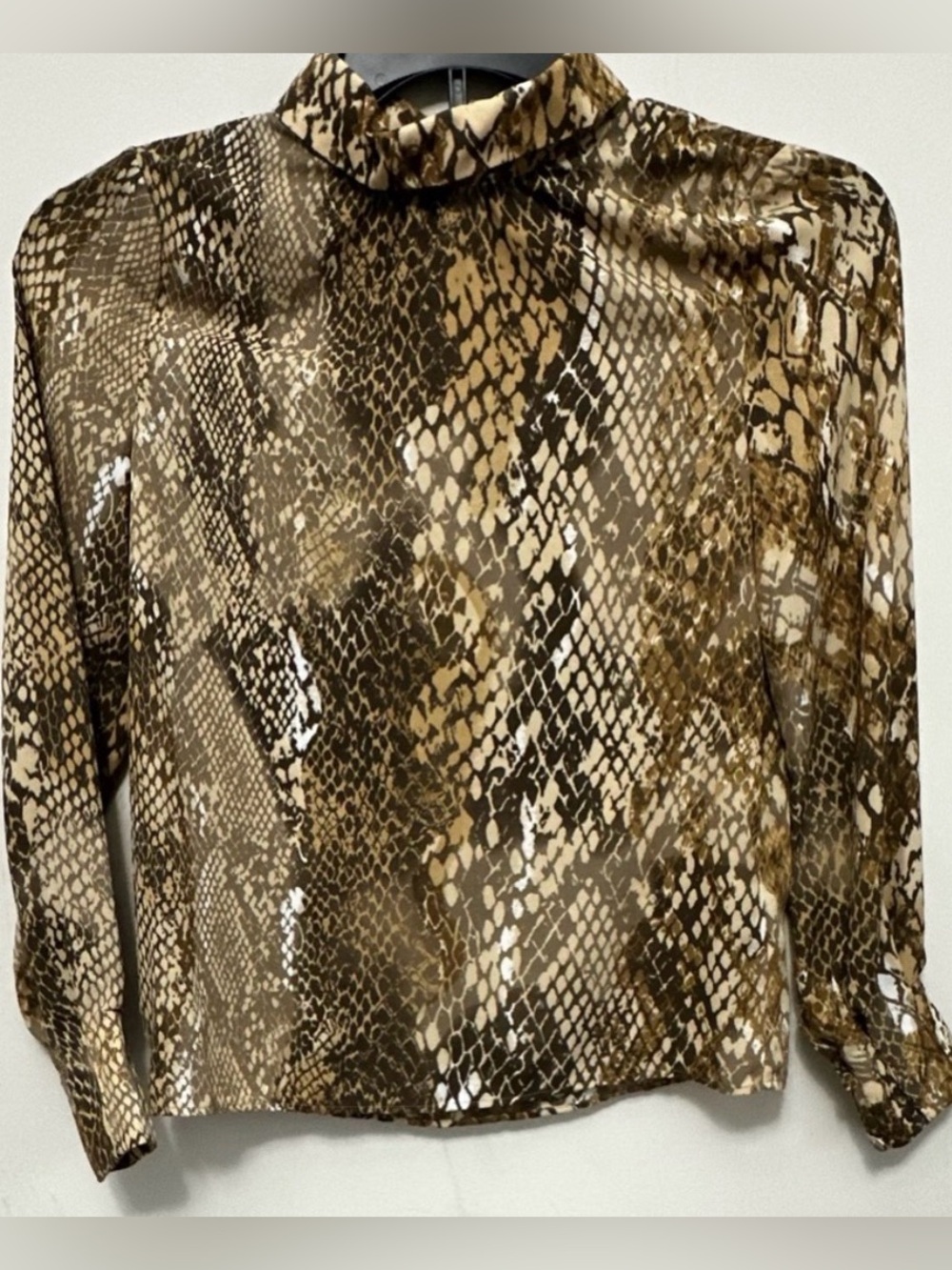 H&M Snakeskin Print Mock Neck Blouse Brown Tan Long Sleeve Top US Size 0
